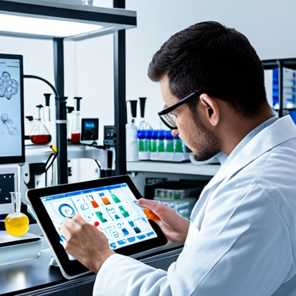 **
A chemist in a modern lab, using AI-powered software on a tablet to optimize a chemical reaction. The scene should highlight the ease and speed of the AI-assisted process, contrasting with traditional lab work.
**