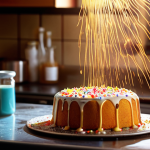 **

A vibrant and colorful kitchen scene. Focus on a cake being baked. Ingredients are scattered around, and close-ups showcase chemical reactions like caramelization occurring.  Have light rays highlighting the transformation of the ingredients into the final cake. The feeling is warm, inviting, and scientifically interesting.

**
