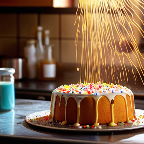 Home 14 **
A vibrant and colorful kitchen scene. Focus on a cake being baked. Ingredients are scattered around, and close-ups showcase chemical reactions like caramelization occurring. Have light rays highlighting the transformation of the ingredients into the final cake. The feeling is warm, inviting, and scientifically interesting.
**
