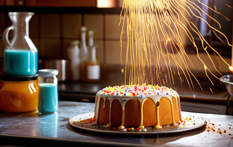 **

A vibrant and colorful kitchen scene. Focus on a cake being baked. Ingredients are scattered around, and close-ups showcase chemical reactions like caramelization occurring.  Have light rays highlighting the transformation of the ingredients into the final cake. The feeling is warm, inviting, and scientifically interesting.

**