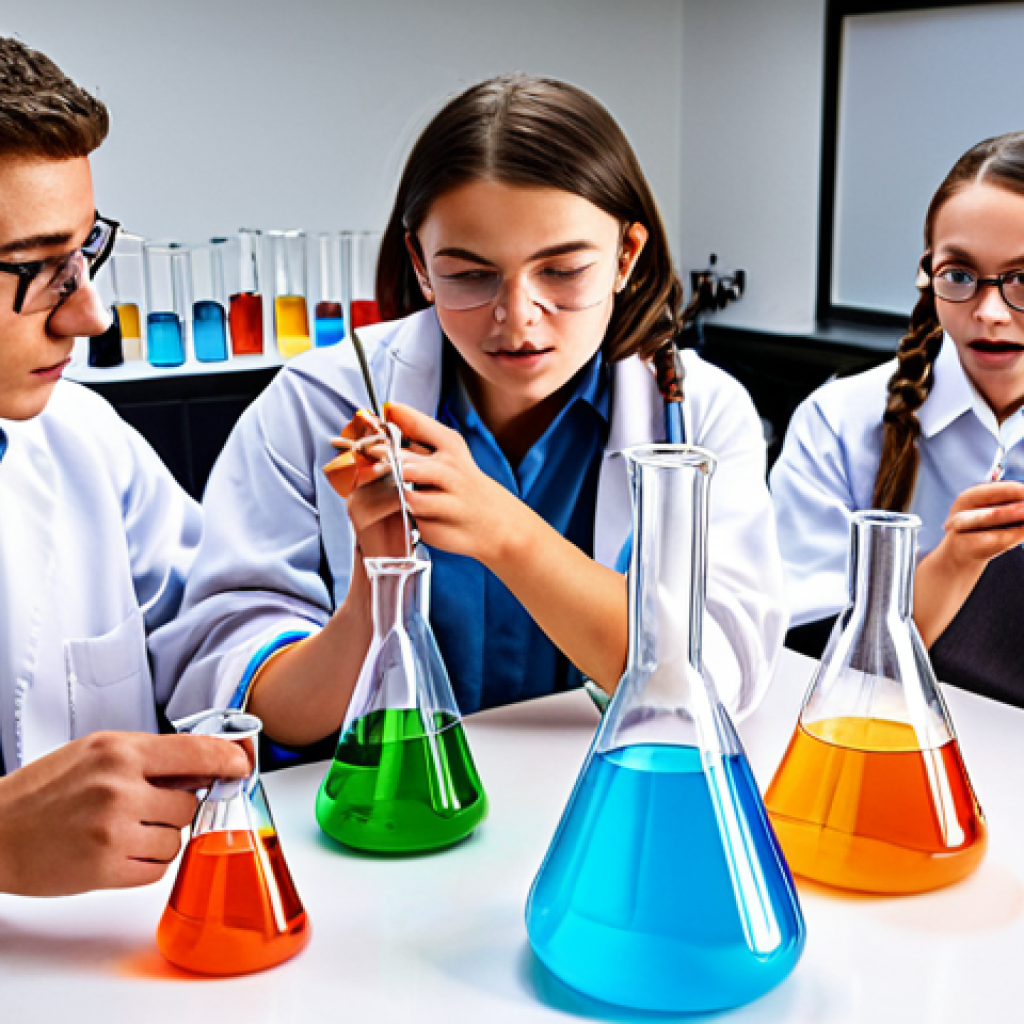 **

A vibrant, colorful chemistry lab scene. Students are actively engaged in experiments: some are observing color changes of indicators, others are watching bubbles form when acids react with metals. Include 3D molecular models, infographics, and beakers with colorful liquids. The overall feeling should be exciting and multisensory.

**