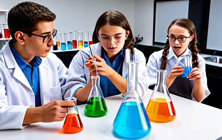 **
A vibrant, colorful chemistry lab scene. Students are actively engaged in experiments: some are observing color changes of indicators, others are watching bubbles form when acids react with metals. Include 3D molecular models, infographics, and beakers with colorful liquids. The overall feeling should be exciting and multisensory.
**