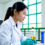 A professional Vietnamese female chemist in a modest lab coat and appropriate attire, meticulously observing a sustainable bioproduct synthesis reaction in a modern, well-lit laboratory in Vietnam. The lab features clean, state-of-the-art equipment designed for eco-friendly processes, with natural light streaming through large windows. She has well-formed hands and correct proportions, engaged in a natural pose that conveys focus and expertise. The atmosphere is professional and innovative, emphasizing environmental responsibility. The image is safe for work, appropriate content, fully clothed, and family-friendly, rendered with high-quality professional photography.