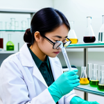 A focused Vietnamese female organic chemistry student, in her early 20s, wearing a clean, modest white lab coat, professional safety glasses, and blue nitrile gloves. She is carefully pipetting a transparent liquid from a small vial into a glass beaker on a lab bench. The beaker contains another clear liquid, and a subtle color change (e.g., pale yellow to light green) is beginning to appear. In the background, a modern, well-organized organic chemistry laboratory is visible, with neatly arranged glassware, a functioning fume hood, and various chemical reagents stored safely. The lighting is bright and clean. The student maintains a natural, professional pose, her well-formed hands holding the pipette with precision, demonstrating perfect anatomy, correct proportions, and a natural body posture. This image is fully clothed, appropriate attire, safe for work, professional, modest, and family-friendly, captured with high-quality, professional photography and sharp focus.