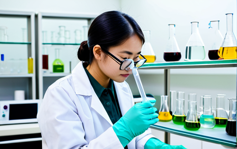 A focused Vietnamese female organic chemistry student, in her early 20s, wearing a clean, modest white lab coat, professional safety glasses, and blue nitrile gloves. She is carefully pipetting a transparent liquid from a small vial into a glass beaker on a lab bench. The beaker contains another clear liquid, and a subtle color change (e.g., pale yellow to light green) is beginning to appear. In the background, a modern, well-organized organic chemistry laboratory is visible, with neatly arranged glassware, a functioning fume hood, and various chemical reagents stored safely. The lighting is bright and clean. The student maintains a natural, professional pose, her well-formed hands holding the pipette with precision, demonstrating perfect anatomy, correct proportions, and a natural body posture. This image is fully clothed, appropriate attire, safe for work, professional, modest, and family-friendly, captured with high-quality, professional photography and sharp focus.