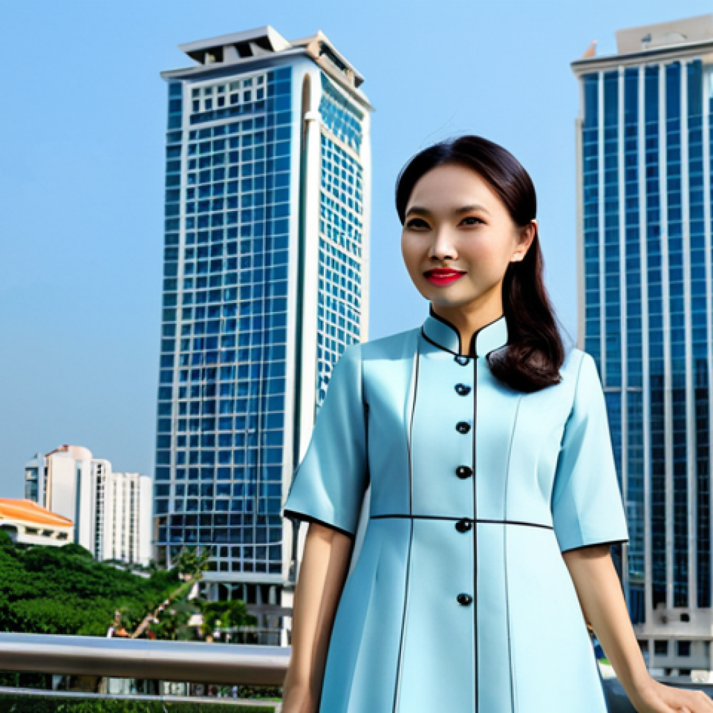 ** A successful Vietnamese architect, fully clothed in professional attire (a modern ao dai or a stylish business suit), standing in front of a completed modern building in Ho Chi Minh City. The background includes a clear blue sky and bustling city life. Perfect anatomy, natural proportions, professional photography, high quality, safe for work, appropriate content, modest, family-friendly.

**