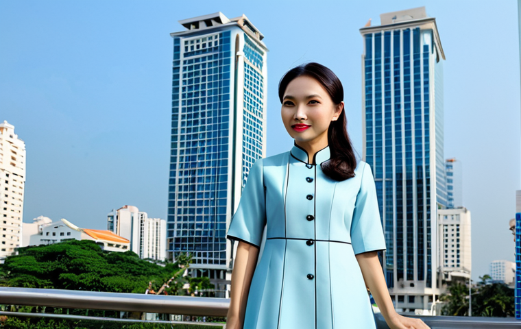 ** A successful Vietnamese architect, fully clothed in professional attire (a modern ao dai or a stylish business suit), standing in front of a completed modern building in Ho Chi Minh City. The background includes a clear blue sky and bustling city life. Perfect anatomy, natural proportions, professional photography, high quality, safe for work, appropriate content, modest, family-friendly.
**