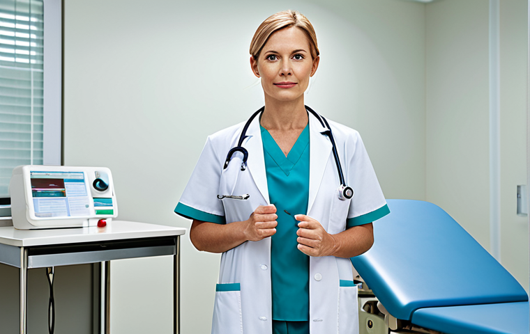 **
"A skilled female doctor in a clean, modern hospital examination room, fully clothed in professional medical attire, appropriate content, safe for work, perfect anatomy, correct proportions, well-formed hands, natural pose, professional lighting, family-friendly, high resolution."
**