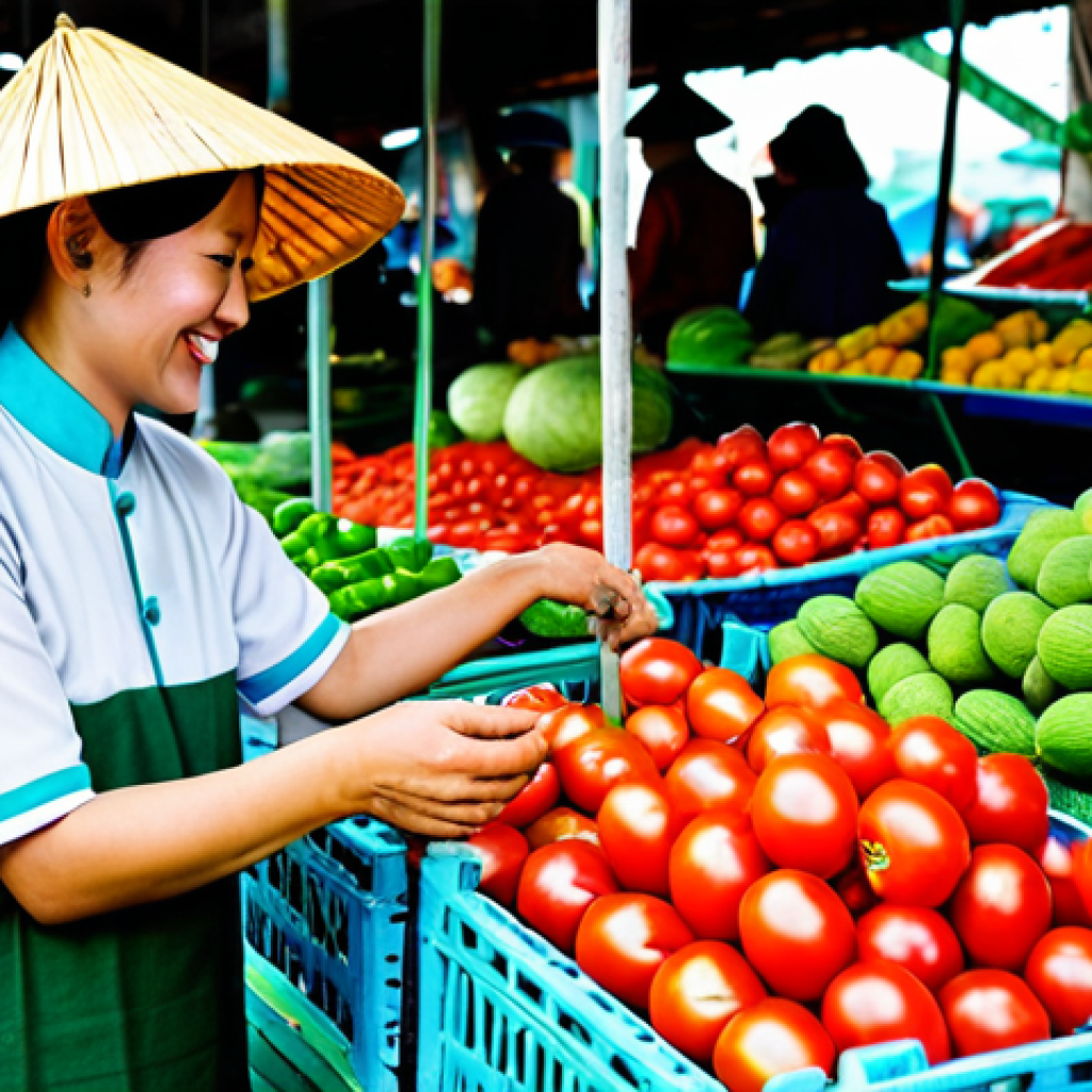 실험 재료 준비법 - **
A vibrant market scene in Vietnam. A woman in modest, traditional Vietnamese clothing (Ao Dai) c...
