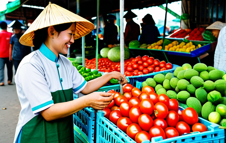 실험 재료 준비법 - **
A vibrant market scene in Vietnam. A woman in modest, traditional Vietnamese clothing (Ao Dai) c...