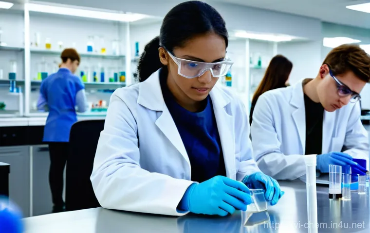 고분자 실험 - **Prompt 1: Polymer Creation in a Modern Lab**
A vibrant, realistic image of a group of universi...