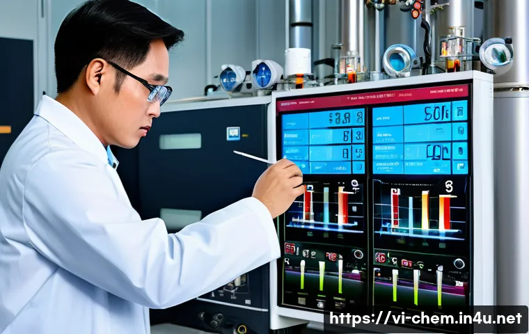 화학 열역학 - A detailed scientific laboratory scene showing a Vietnamese chemist in professional attire carefully...