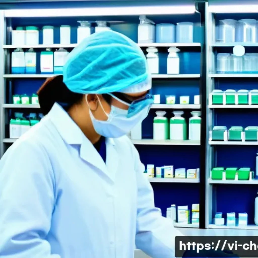 화학 윤리 - A modern Vietnamese chemical laboratory scene showing diverse scientists wearing full personal prote...