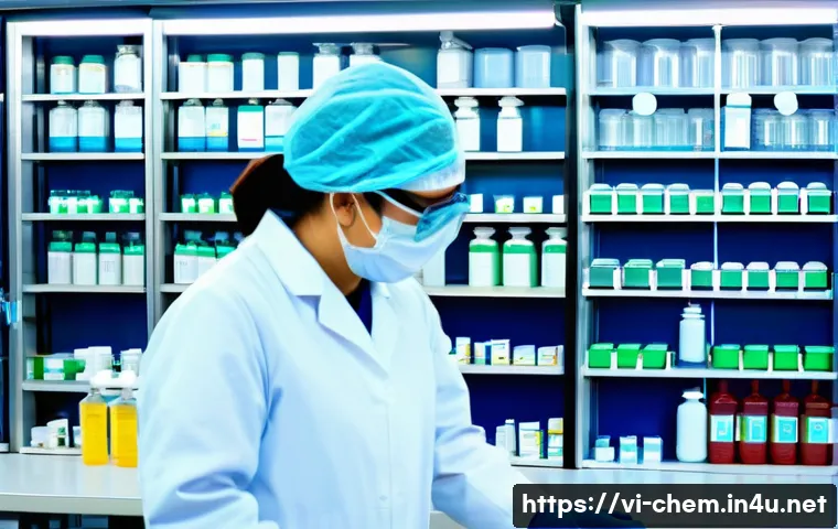 화학 윤리 - A modern Vietnamese chemical laboratory scene showing diverse scientists wearing full personal prote...