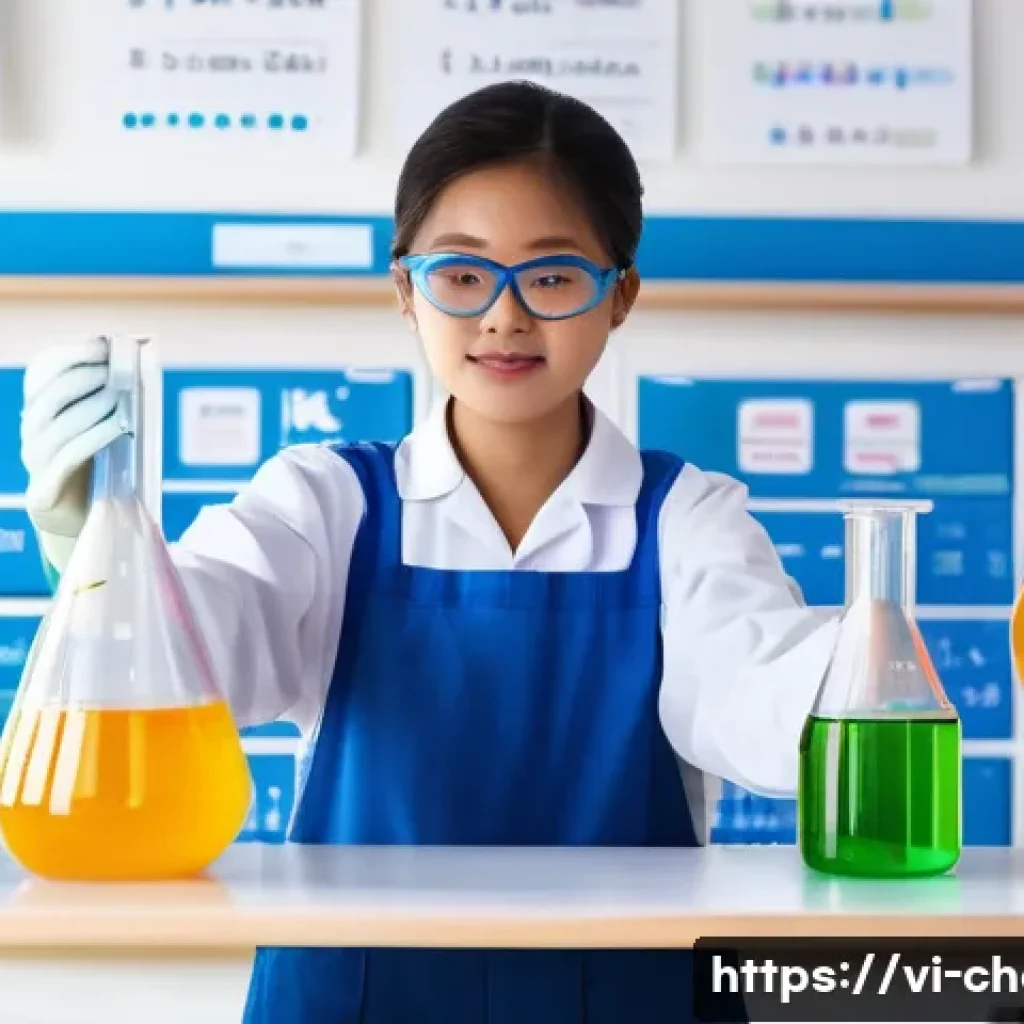 화학 법칙과 원리 - A detailed laboratory scene in a modern Vietnamese chemistry classroom, featuring a young adult wear...