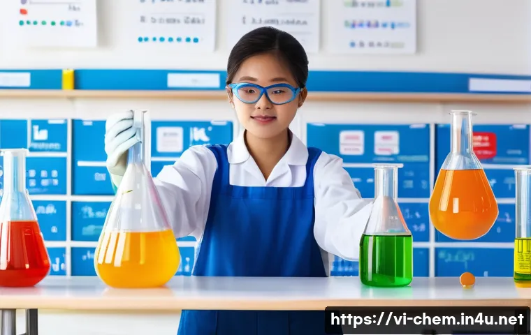 화학 법칙과 원리 - A detailed laboratory scene in a modern Vietnamese chemistry classroom, featuring a young adult wear...