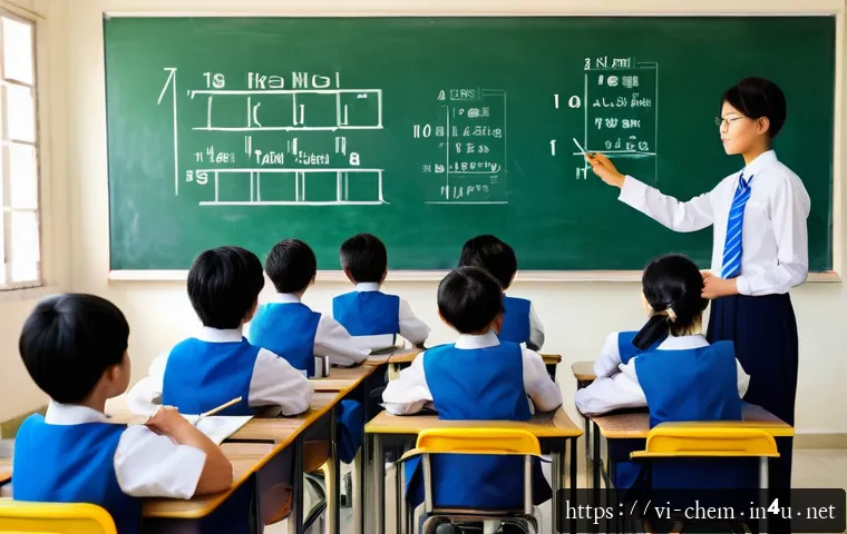 화학적 계산법 - A detailed educational illustration showing a Vietnamese high school chemistry classroom scene with ...