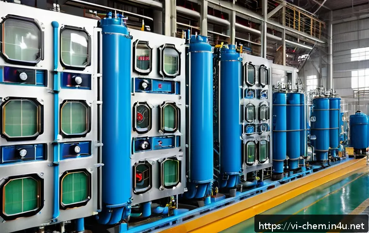 화학 공학 기초 - A detailed industrial chemical engineering scene showing a modern heat exchanger device with transpa...
