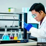 Home 20 물리화학 실험 - A detailed laboratory scene showing a Vietnamese student wearing safety goggles and gloves, carefull...