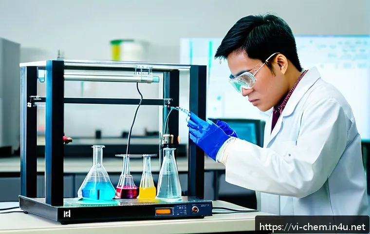 물리화학 실험 - A detailed laboratory scene showing a Vietnamese student wearing safety goggles and gloves, carefull...