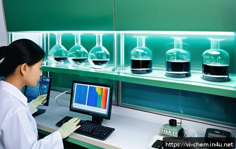 분석화학에서의 신호 분석 - A modern analytical chemistry laboratory scene focused on signal analysis equipment: an ultraviolet-...